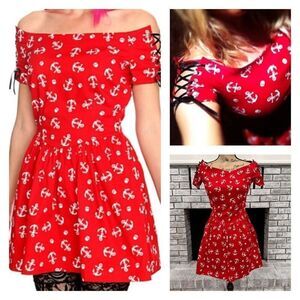 NWT Hot Topic Red Sailor Mini Dress Anchors & Skulls Medium Off Shoulder Lace Up